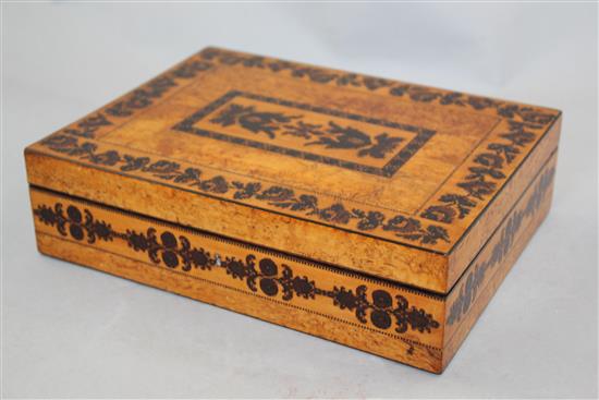 Birds eye maple writing box, perpetual calendar holder, rule with specimen woods